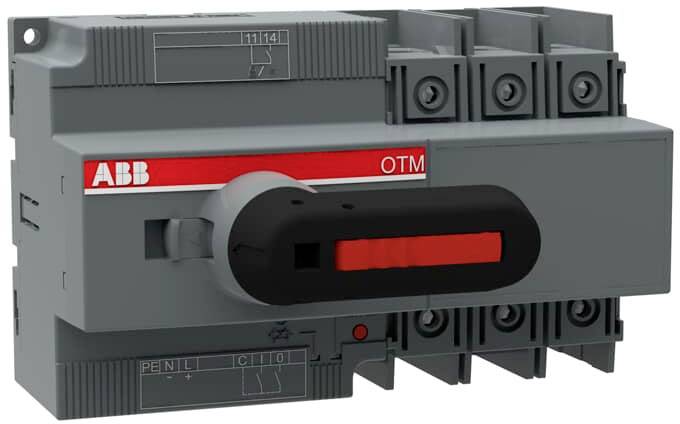 Een elektrische schakelaar van ABB met rode hendel, geschikt voor het besturen van elektrische circuits. Monteerbare behuizing voor industriële toepassingen.