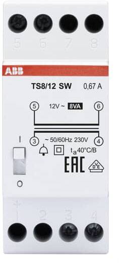 Elektrische overspanningsbeveiligingsschakelaar, wit, met aansluitingen boven en onder, toont 12V, 8VA, 50/60Hz, 230V, 0,67 A.
