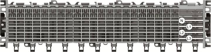 Een grijs elektrisch aansluitpaneel met meerdere aansluitplaatsen en gemarkeerde contactpunten: N, L1, L2, L3.