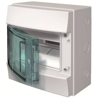 Kleine, witte zekeringkast met een geopende, transparante deur, toont de binnenkant met bedrading voor stroomaansluitingen.