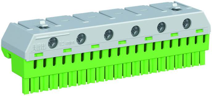 Groene en grijze elektrische aansluitblok met meerdere aansluitingen, gebruikt voor het verbinden van draden in elektrische circuits.