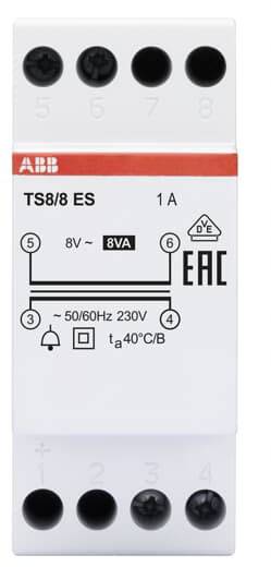Elektrische klem met opschrift 'TS8/8 ES', 1 Ampère. Ingangen en uitgangen duidelijk gemarkeerd. 8V~ naar 8VA. Spanning 50/60Hz 230V.