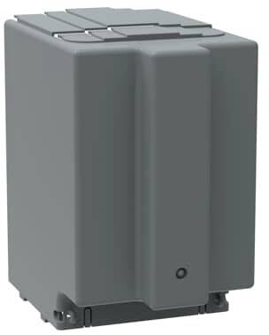 Grijze rechthoekige container met deksel en kleine steunpootjes aan de onderkant, mogelijk een opbergdoos of afvalbak.