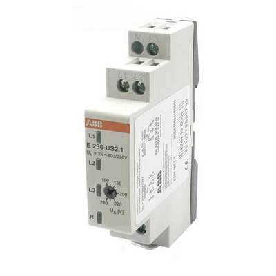 Een elektrisch schakeltoestel van ABB, model E 236-US 2.1, met schroefklemmen bovenaan. Het toont spanningswaarden en andere technische specificaties.