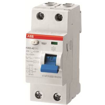 Een tweepolige aardlekschakelaar met blauwe schakeltoets en testknop, geschikt voor 25A en 230V. Modelnummer gedrukt.