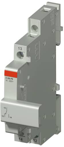 Industriebeschermingsmodule zijdelings, grijs, met rode en witte markeringen. Aansluitingen genummerd: 12, 13, 14, geschikt voor 1A, 250V.