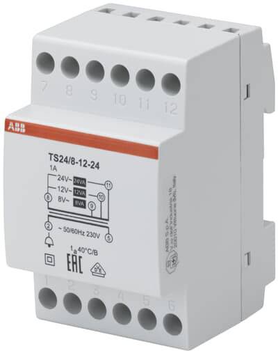 Elektronisch apparaat, waarschijnlijk een transformator of verdeler, met meerdere aansluitklemmen en technische gegevens op de voorkant.
