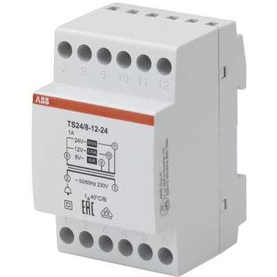 Elektronisch apparaat, waarschijnlijk een transformator of verdeler, met meerdere aansluitklemmen en technische gegevens op de voorkant.