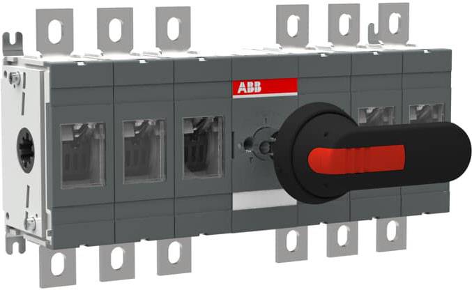 Elektrische lastscheider met rode en zwarte hendel, gemonteerd op een metalen beugel. 'ABB' markering op de voorkant.