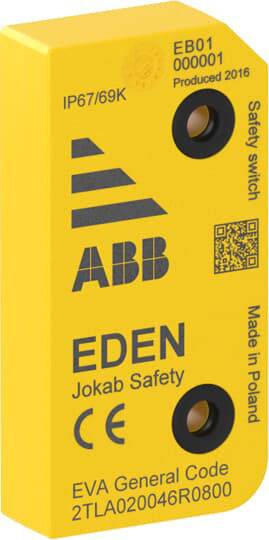 Gele veiligheidsschakelaar van ABB, model 'EDEN', met CE-markering en beschermingsgraad IP67/69K. Geproduceerd in Polen, vervaardigd in 2016.