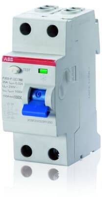 Een beveiligingsschakelaar met een blauwe hendel en een groene LED-indicator op een grijze behuizing, voor elektrische overbelastingsbeveiliging.