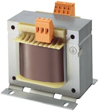 Een transformator met een metalen behuizing en oranje aansluitingen. Geschikt voor spanningsomzetting van gelijkspanning in machines.
