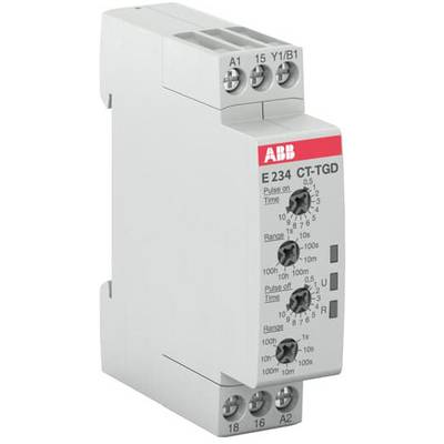 Een tijdvertragingsrelais van het merk ABB, model CT-TGD, met regelaars voor tijd- en impulsinstelling, geschikt voor montage op DIN-rail.