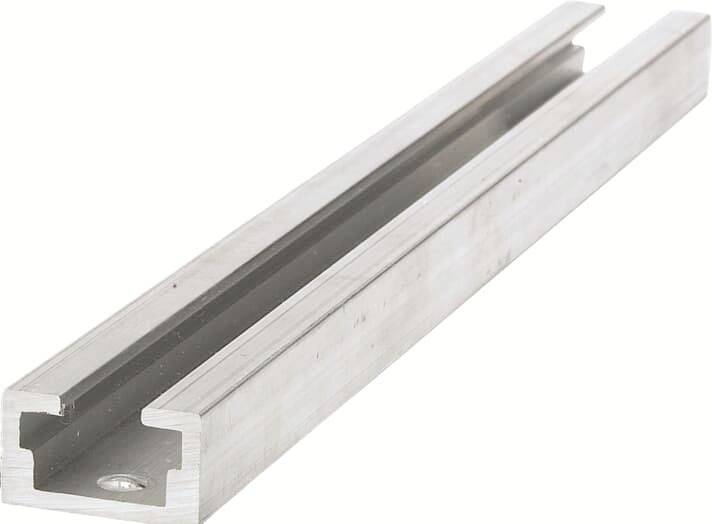 Aluminium geleidingsrail met U-profiel, zijdelingse boring voor bevestiging. Voornamelijk gebruikt in mechanische toepassingen.