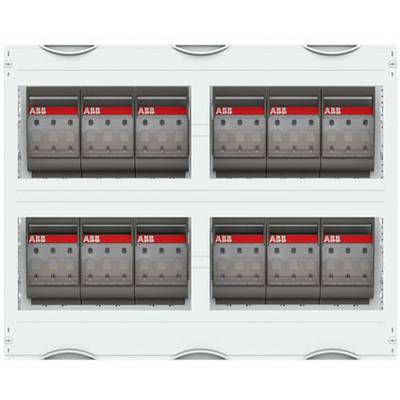 Veiligheidskasten met meerdere schakelaars in twee rijen. Elke schakelaar is gemarkeerd met 'ABB'. Ontwerp voor industriële elektrische installaties.