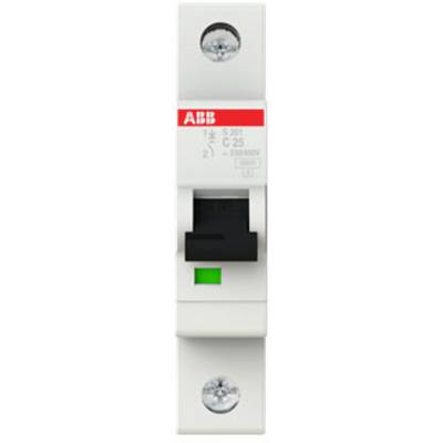 Een witte ABB-stroomonderbreker met een zwarte hendel en groene indicatie, geschikt voor 25-ampère stroomkringen.
