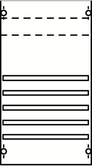 Diagram van een rechthoek met meerdere horizontale lijnen. Drie lijnen bovenaan zijn gestreept, vijf eronder zijn doorgetrokken. Lijnen symboliseren vaak niveaus of lagen.