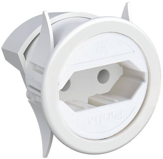 Wit, rond stopcontactmodule met inbouwpennen. Ontworpen voor gebruik in verschillende elektrische aansluitoplossingen.