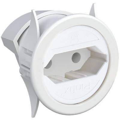 Wit, rond stopcontactmodule met inbouwpennen. Ontworpen voor gebruik in verschillende elektrische aansluitoplossingen.