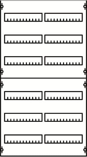 Een diagram met twee rechthoeken boven elkaar, die verschillende gelijkmatig verdeelde verticale balken bevatten.