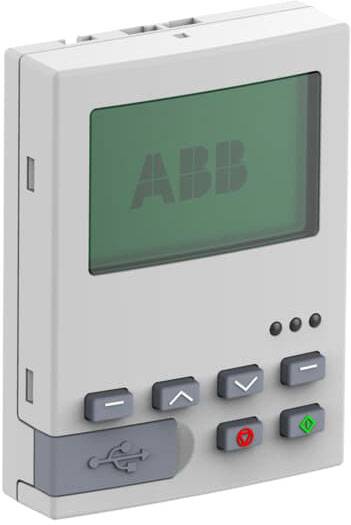 Een grijs bedieningsapparaat met display, USB-aansluiting en verschillende toetsen inclusief pijltjestoetsen, rode stopknop en groene startknop.