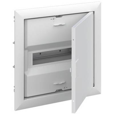 Witte vierkante muuropening met geopende afdekking, toont twee aansluitpunten voor elektrische installaties.