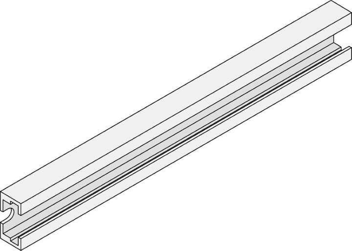 Isometrische tekening van een C-rail kanaaldeel. Het toont de open zijde, die is ontworpen voor het opnemen van kabels in kabelgeleiding systemen.