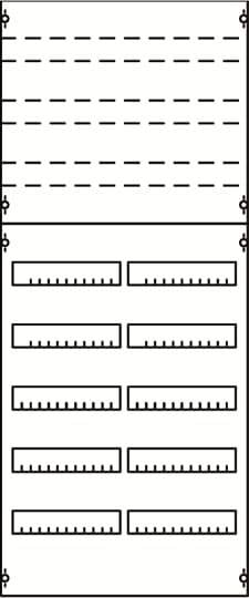 Diagram toont gestapelde lijnen, bovenaan gestippeld, onderaan kortere balken in rechthoekige kaders, gestructureerd en herhalend.