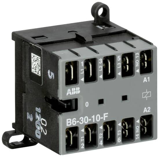 Een zwarte en grijze elektrische magneetschakelaar van ABB, model B6-30-10-F, met meerdere aansluitingen en een QR-code aan de zijkant.