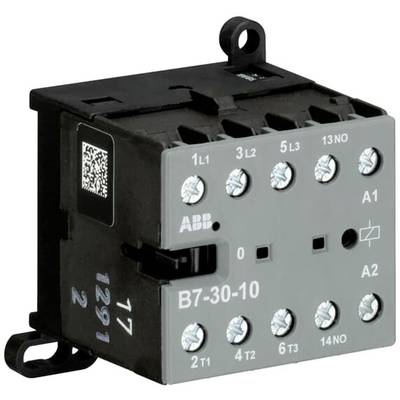 'ABB B7-30-10 schakelaar' in grijze kleur met meerdere schroefklemmen, QR-code en opschriften. Geschikt voor besturingstoepassingen.
