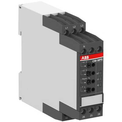 'ABB CM-MPS' spanningstoezichtrelais, meerfasenbewaking, DIN-railmontage, toont aansluitklemmen en led's.