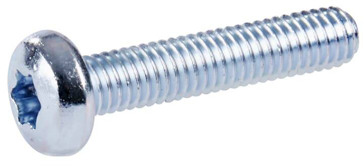Een zilveren metalen schroef met een ronde kop en kruiskopgleuf op een witte achtergrond, toont de vorm en textuur van de schroef.