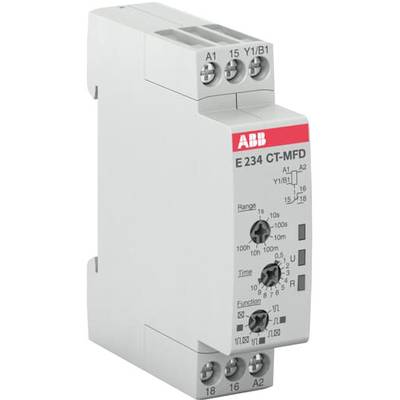 Tijdrelais van ABB met aanduiding 'E 234 CT-MFD'. Het biedt verschillende instellingsmogelijkheden voor tijdsintervallen en bedrijfsmodi.