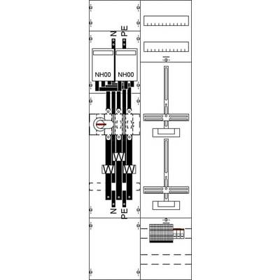 Een schakelschema toont een elektrische hoofdverdeling, inclusief NH00-zekeringen, fase-aanduiding 'N' en 'PE', alsmede verticale en horizontale weergaven van de bedrading.
