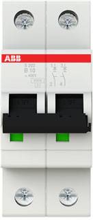 Een witte ABB-vermogensschakelaar met rode en groene markeringen, geschikt voor 400V. Twee schakelposities zijn zichtbaar.