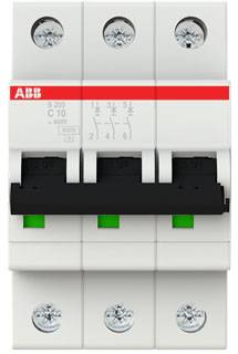 'Installatieautomaat met rood ABB-logo, model S203 C10, 3-polig, voor overbelastings- en kortsluitingsbeveiliging in elektrische installaties.'
