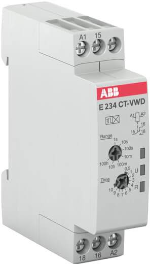 Een grijs ABB-tijdrelais E 234 CT-VWD met rode markeringen en instelbare tijdbereiken. Het heeft meerdere aansluitklemmen.