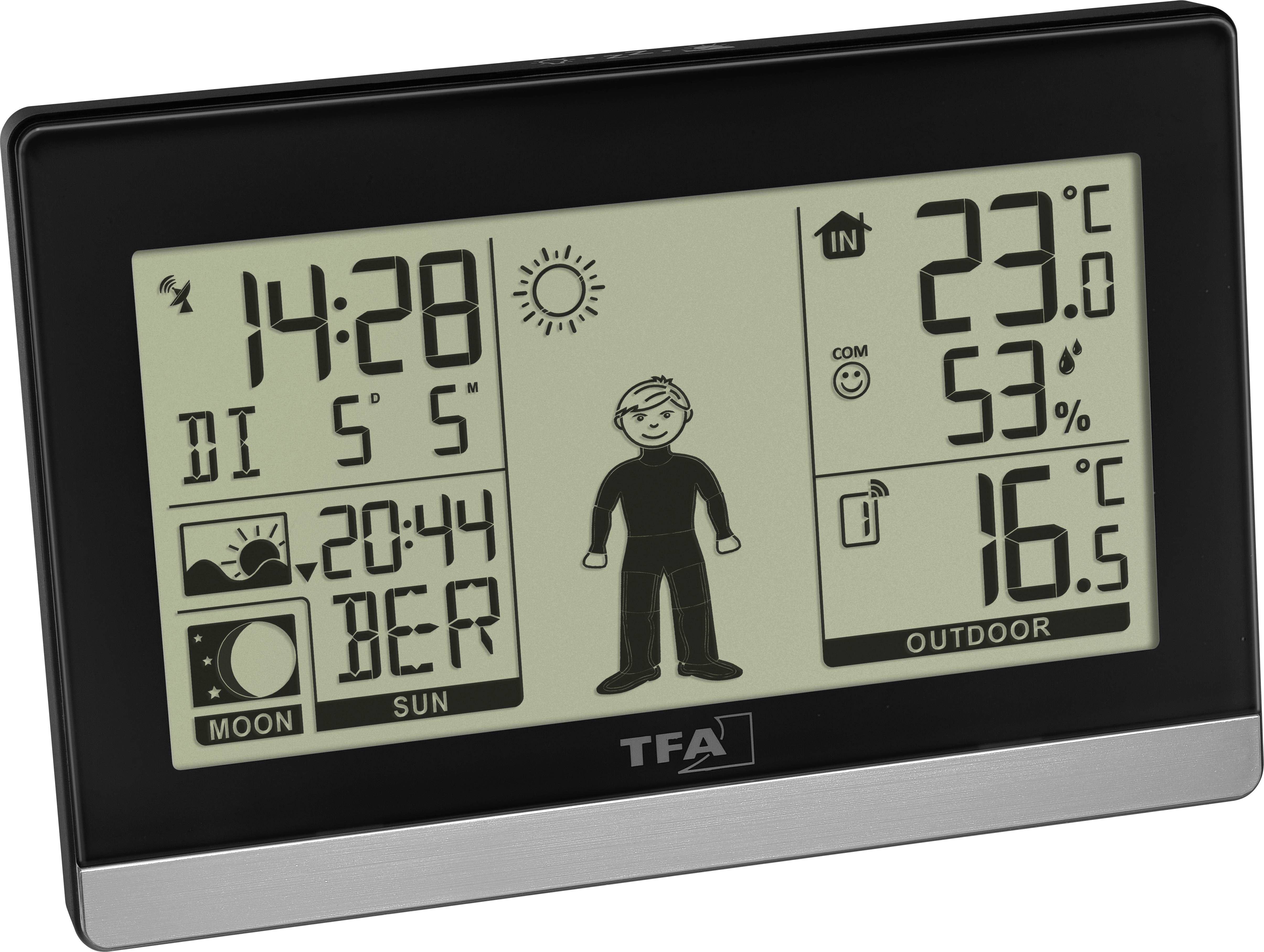 Digitaal weerstation-scherm toont tijd 14:28, datum Dinsdag, zonsymbool, binnentemperatuur 23°C, luchtvochtigheid 53%, buitentemperatuur 16°C.