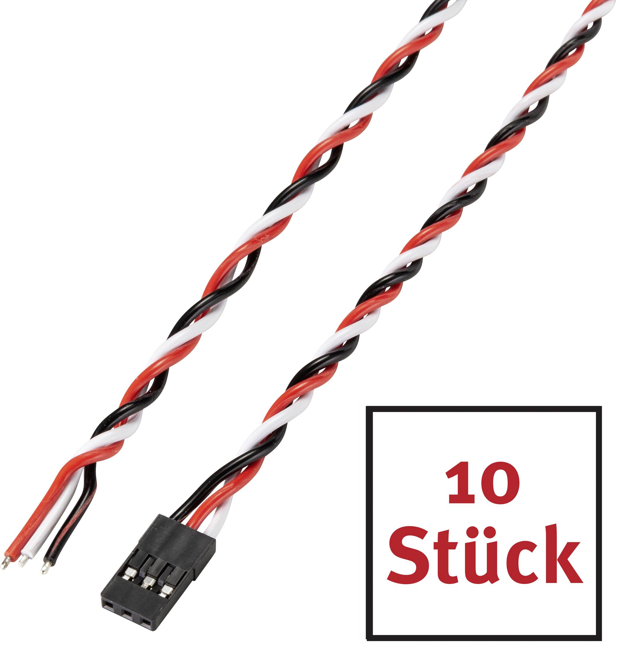 Twee gevlochten kabels in rood, wit en zwart met stekker. Tekst: '10 stuks'.