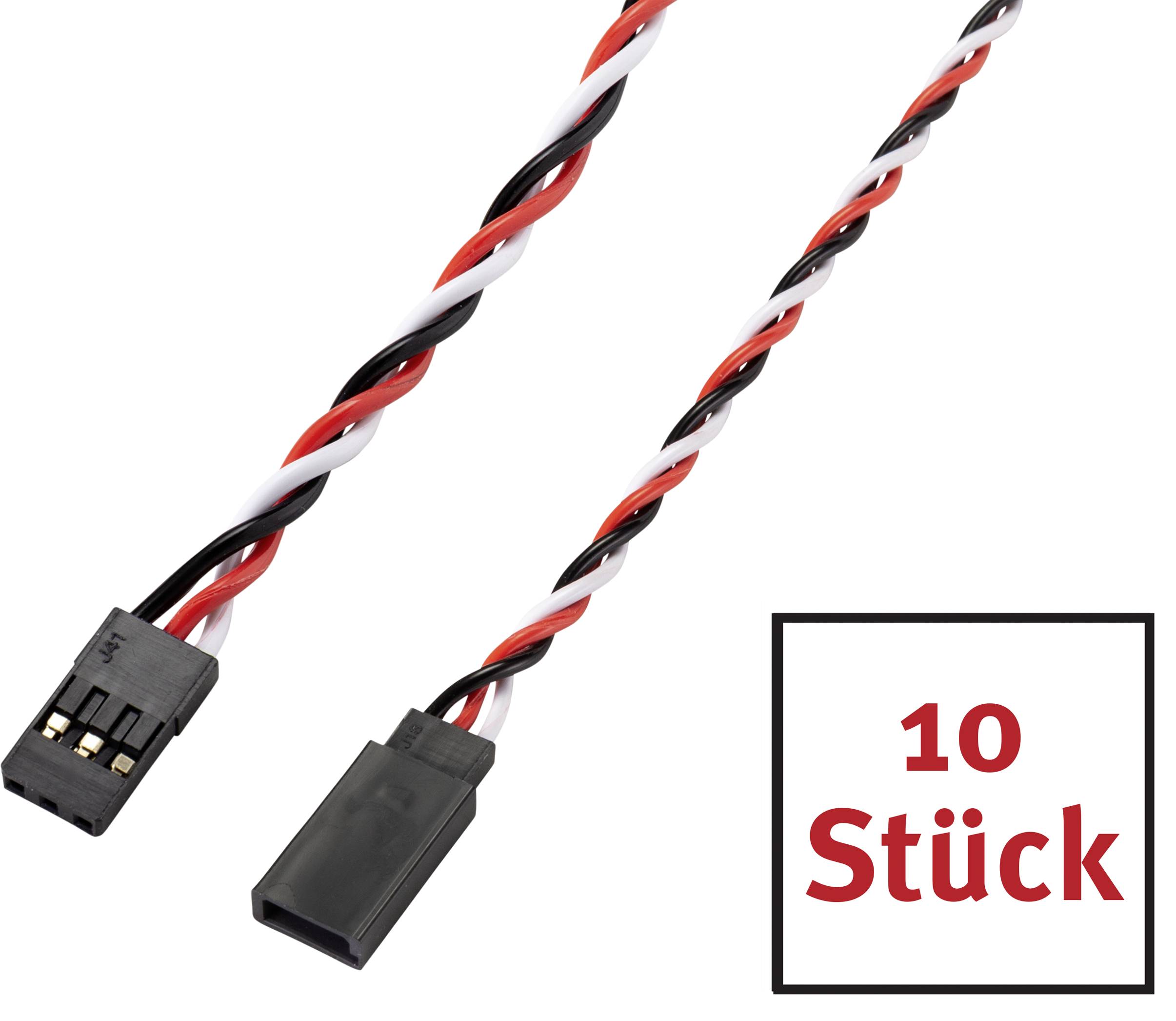 '10 stuks' kabel met zwarte en rode stekker, gedraaide zwarte, rode en witte draden, productafbeelding.
