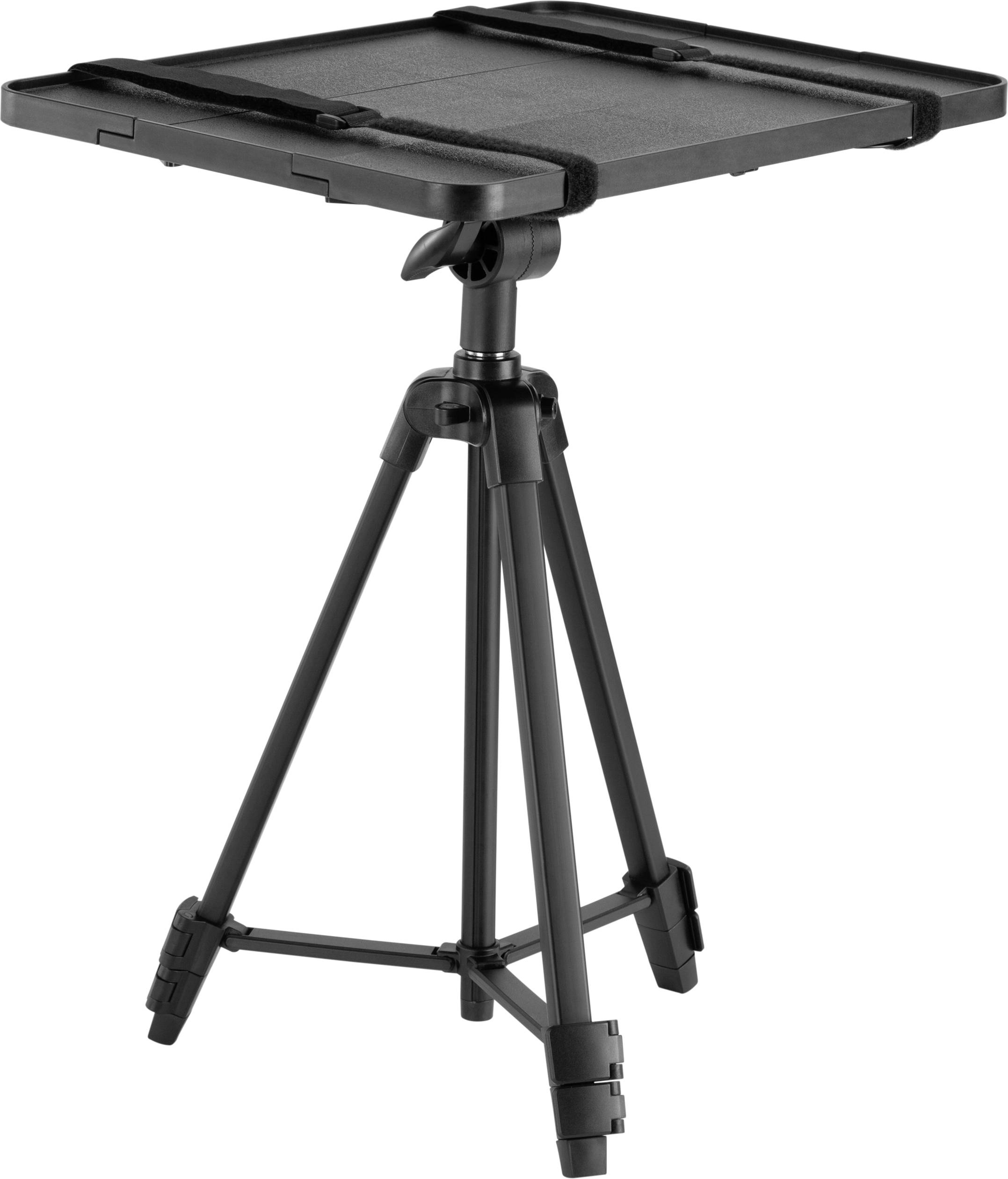 Een draagbaar zwart statief met een rechthoekig platform bovenaan, geschikt voor projectoren of laptops.