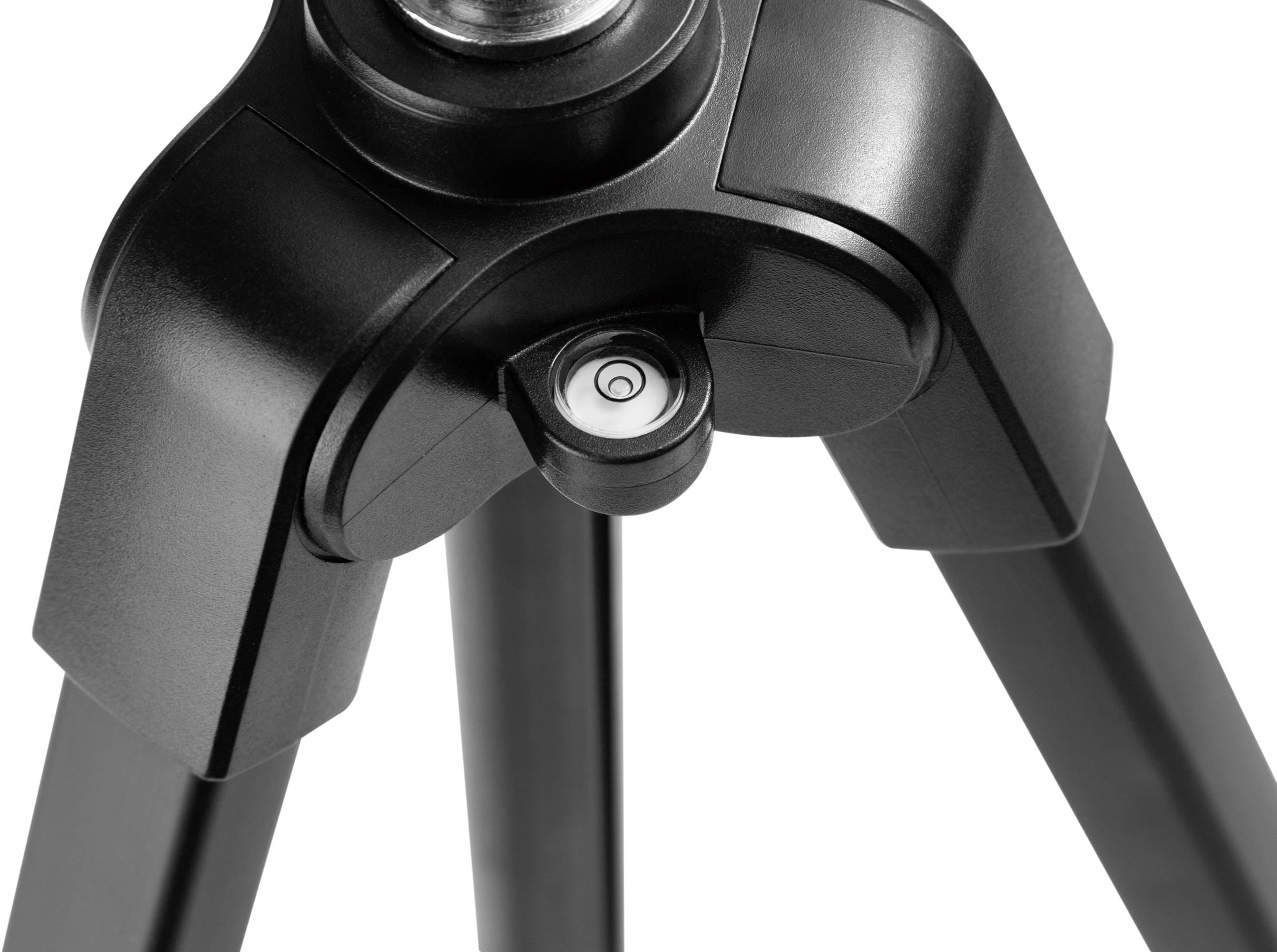 Een zwart statief met een centraal scharnierpunt en drie uitzwenkende poten, dat zorgt voor stabiliteit van camera's of instrumenten.