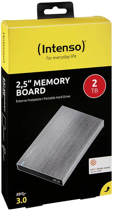 '2,5" Memory Board' externe harde schijf van Intenso met 2 TB opslagcapaciteit, USB 3.0. Winnaar van de Red Dot Design Award 2016. Verpakking in geel en zwart.