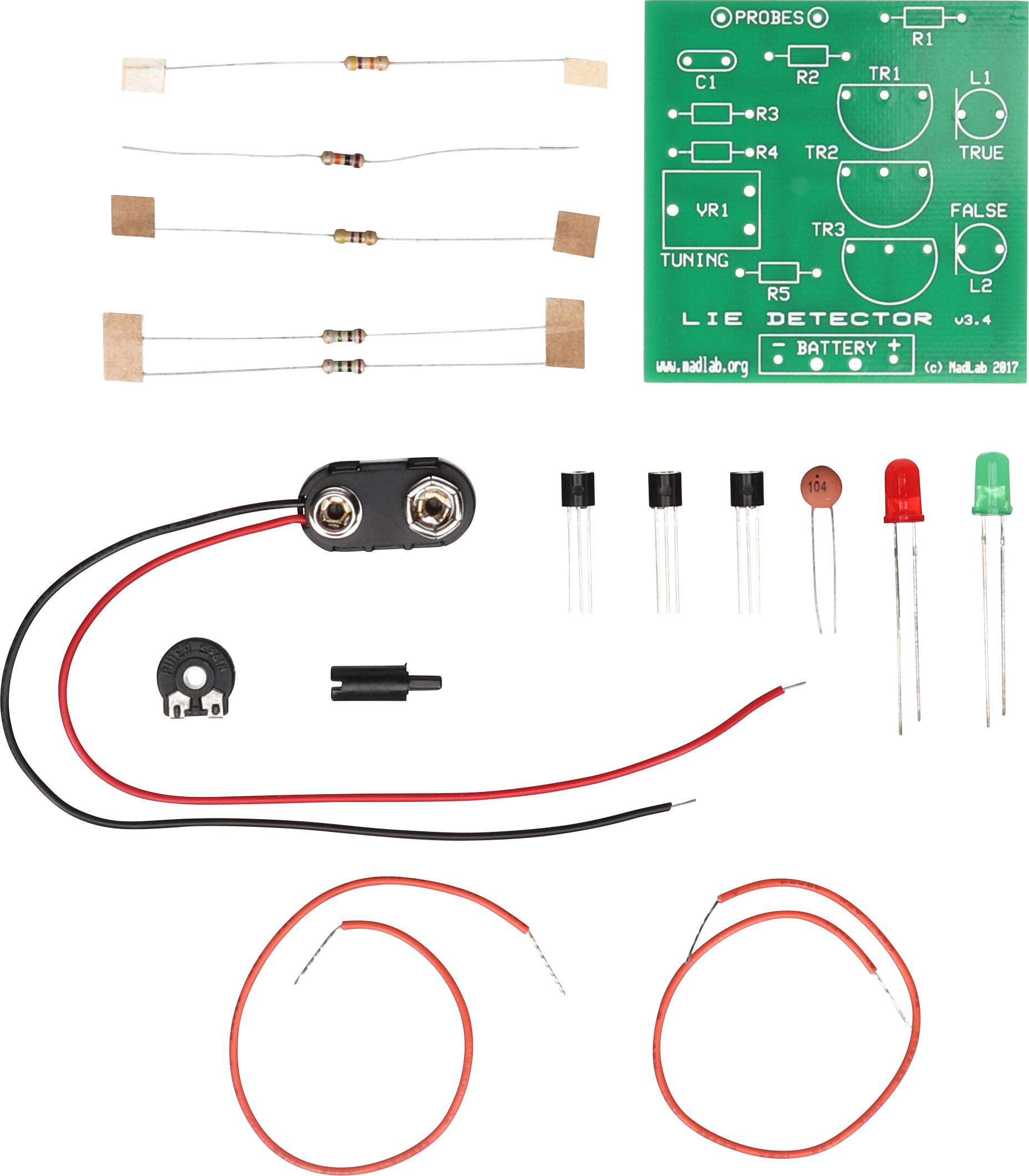 'Bouwpakket voor een elektronische leugendetector: printplaat, weerstanden, LED's, kabels en batterijklem. DIY-project voor elektronicaliefhebbers.'