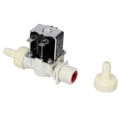 Een solenoïde-ventiel van wit kunststof en metaal naast een afneembare afdekdop.