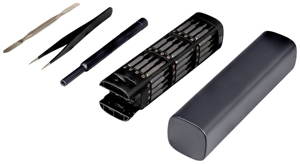 Een set chirurgische instrumenten, waaronder een pincet, scalpel, staaf en een magnetisch afsluitbare container.