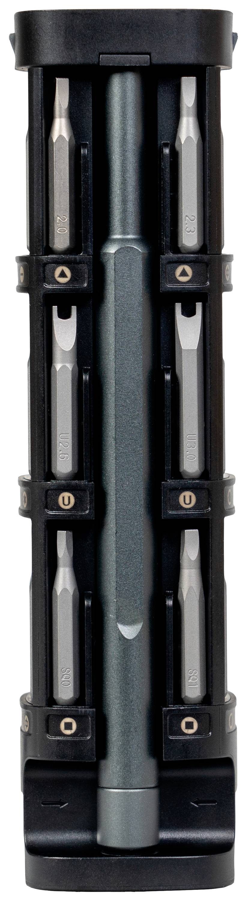 Een set precisie-schroevendraaier-bits in een zwarte houder, met een handgreep in het midden voor nauwkeurige reparatiewerkzaamheden.