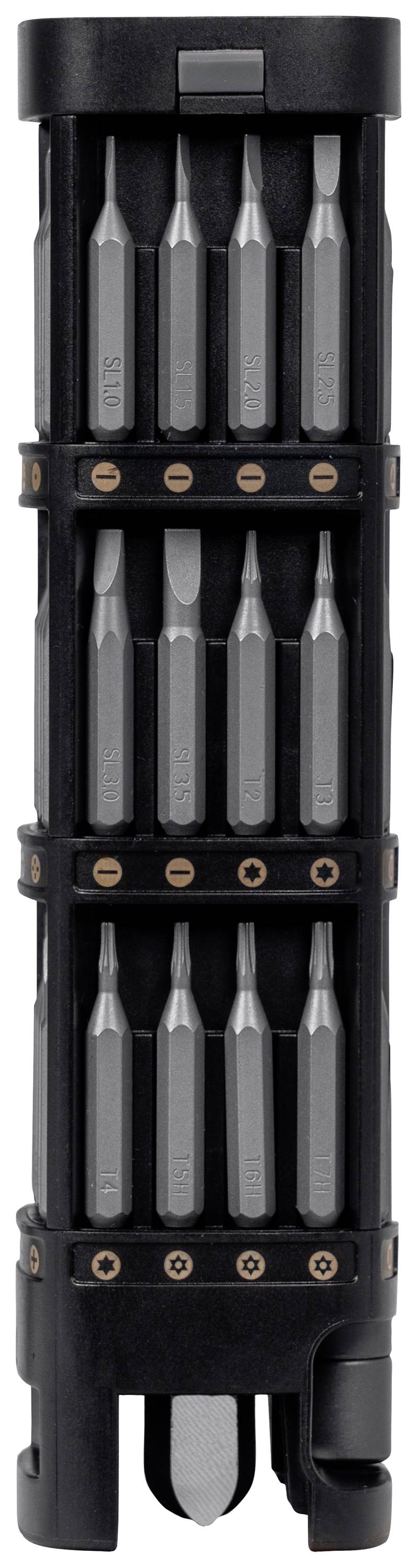 Set met verschillende bits in een zwarte kunststof houder, geschikt bijvoorbeeld voor schroevendraaiers of boormachines.