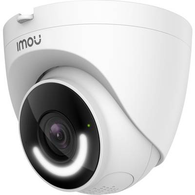 Bewakingscamera, halfcirkelvormig, wit, met een zwart lens en een klein groen lampje. Merklogo linksboven op de behuizing.