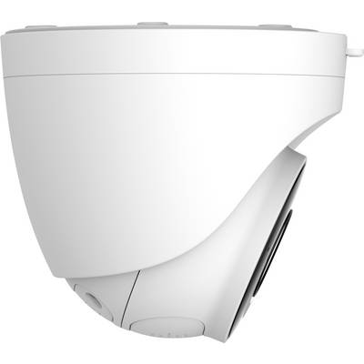 Witte bewakingscamera met modern design, schuin naar de zijkant gekanteld. Het belangrijkste kenmerk is de compacte, afgeronde vorm.